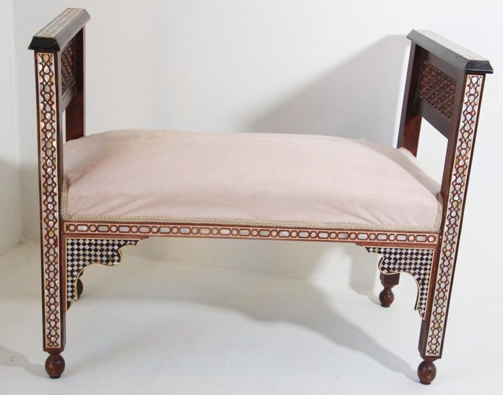 Antique Moroccan Benches with Mosaic White Shell Inlay a Pair