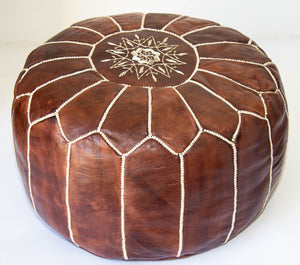 Moroccan Hand Tooled Brown Leather Pouf