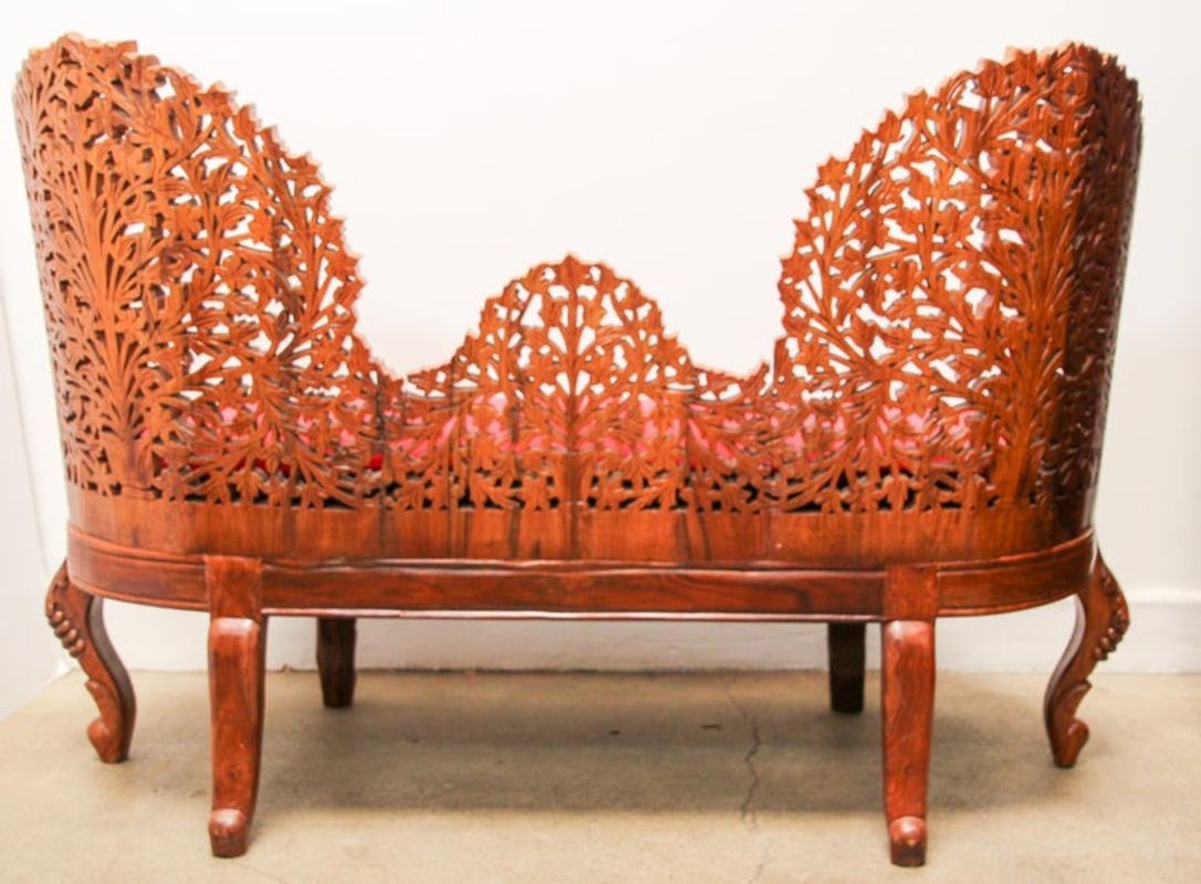 Anglo-Raj Settee with Open Back Hand Carved Tree of Life Back