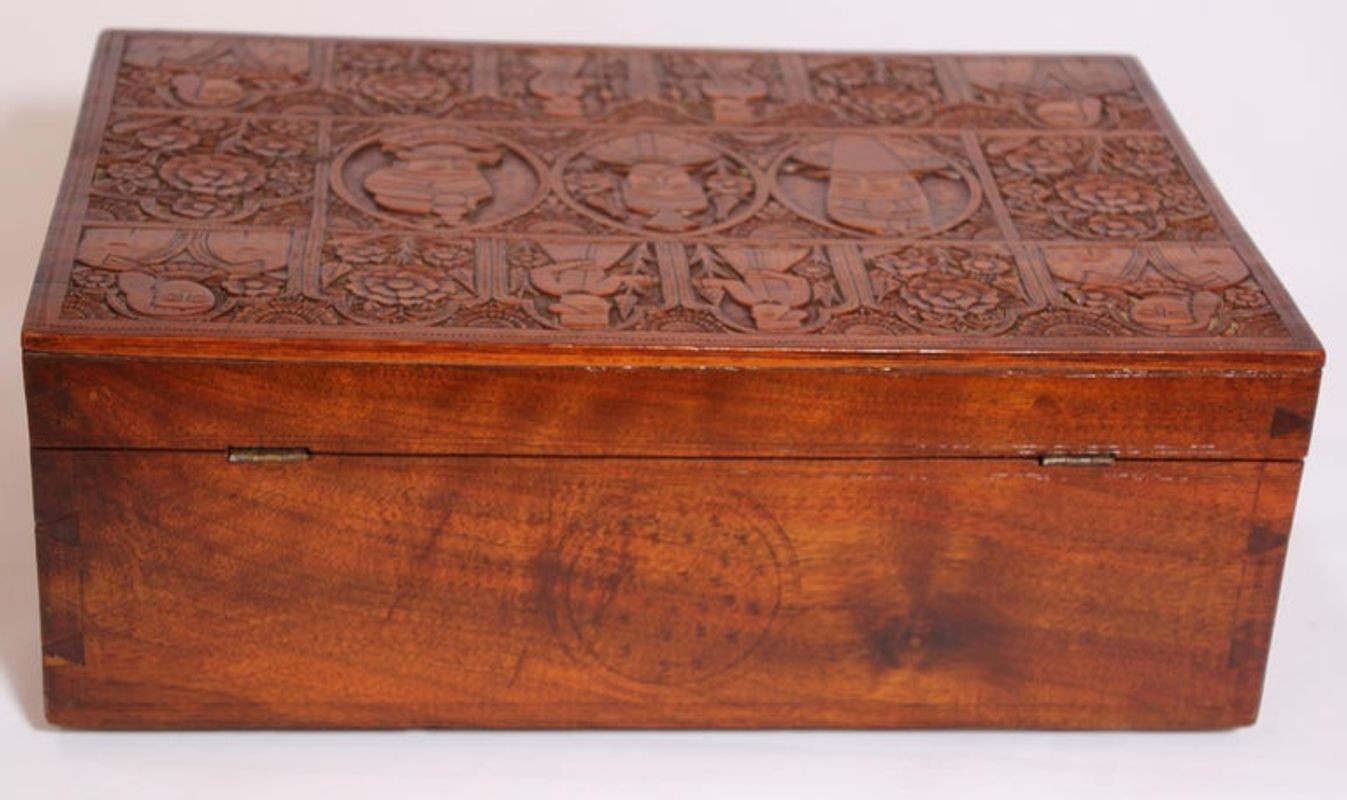 Large Early 19th Century Antique Hand Carved Wooden Mughal Decorative Box