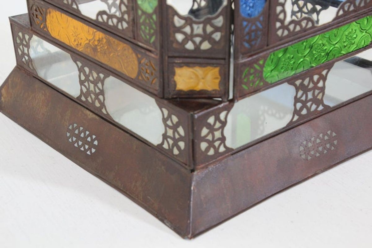 Moroccan Metal Lantern with Multicolor Glass