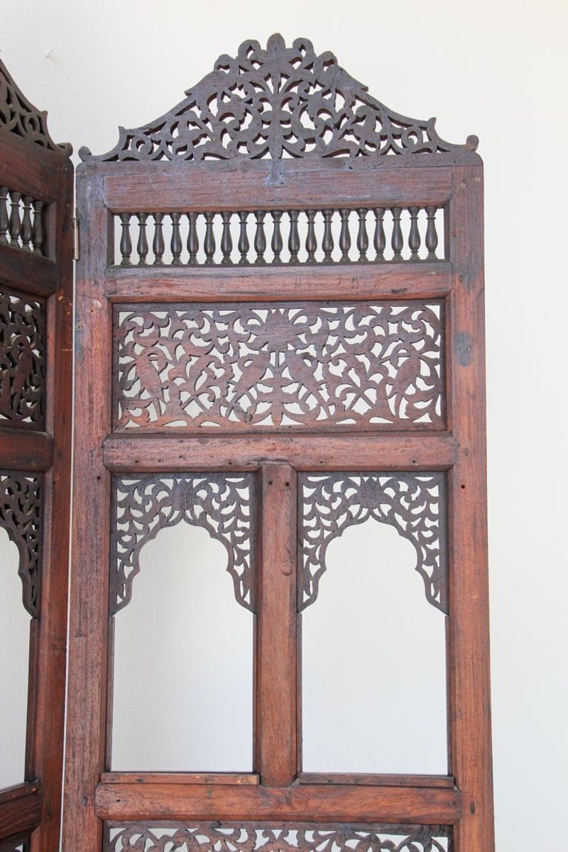 Anglo-Indian Mughal Hardwood Three-Panel Screen