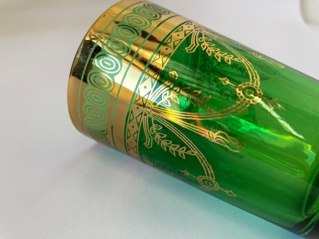 Set of Six Handblown Moroccan Moorish Green and Gold Glasses