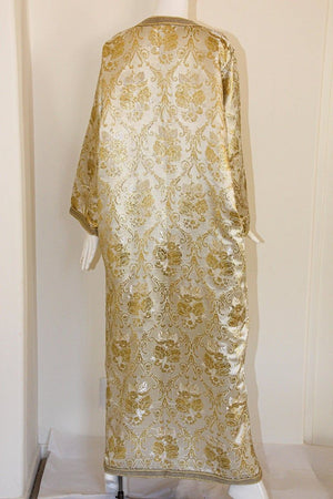 Moroccan Vintage Caftan in Gold Metallic Brocade, Maxi Gown Dress Kaftan