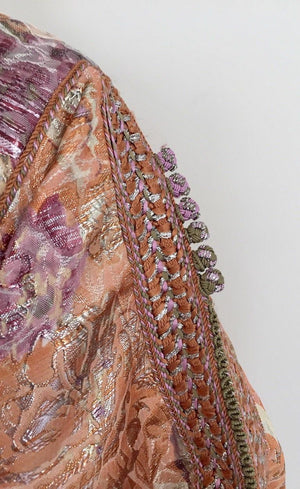 Moroccan Kaftan Orange and Purple Floral with Gold Embroidered Maxi Dress Caftan