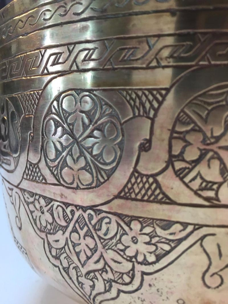 Antique Islamic Hand-Etched Arabian Footed Brass Bowl