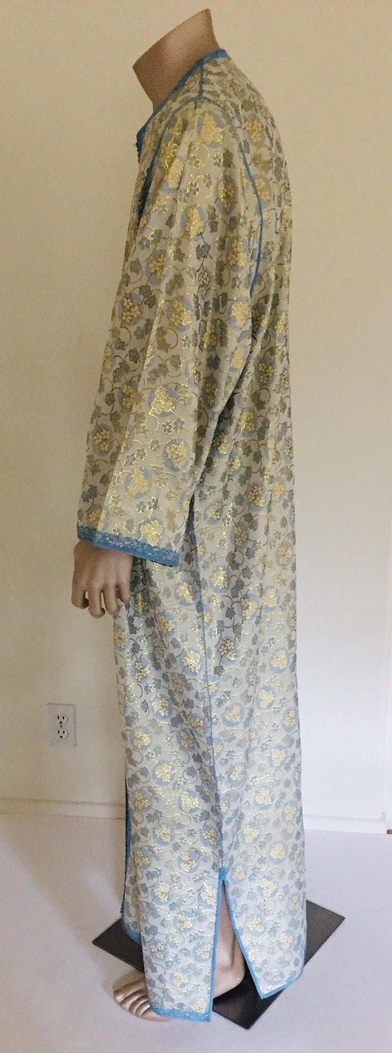 Metallic Blue and Silver Brocade 1970s Maxi Dress Caftan, Evening Gown Kaftan