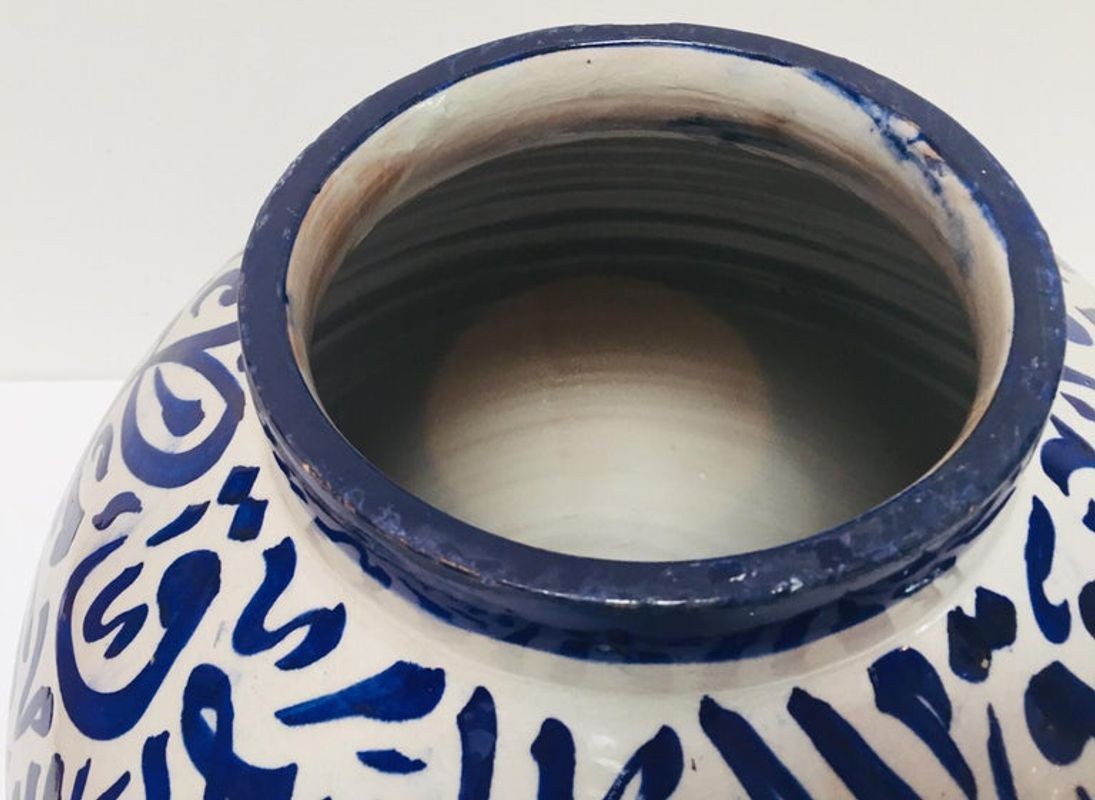 Moroccan Blue Ceramic Lidded Urn with Arabic Calligraphy Writing, Fez