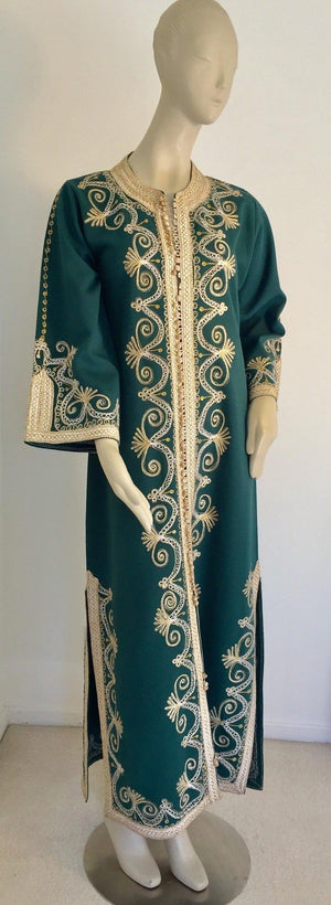 Vintage Moroccan Caftan Emerald Green Maxi Dress, circa 1970 Size M