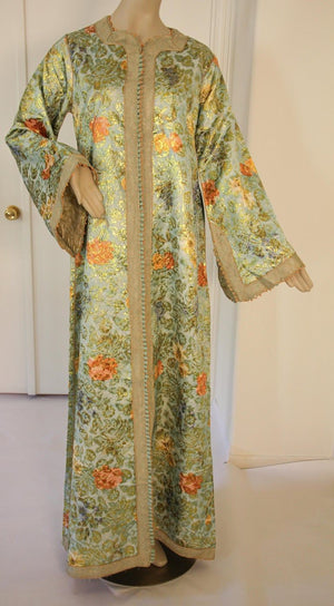 Moroccan Caftan Lime Green and Gold Metallic Floral Brocade