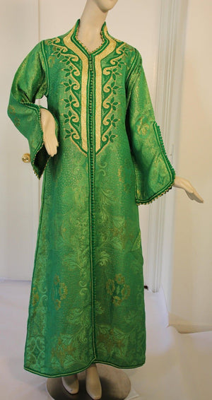 Elegant Moroccan Caftan Emerald Green and Gold Metallic Brocade