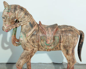 Antique Southeast Asian Polychrome Wooden Oversized Temple Horses from India