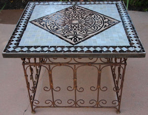 Moroccan Mosaic Tile Side table on Iron Base, Brown and White