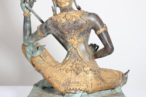 Asian Thai Gilt Vintage Bronze Statue of a Prince Playing Music