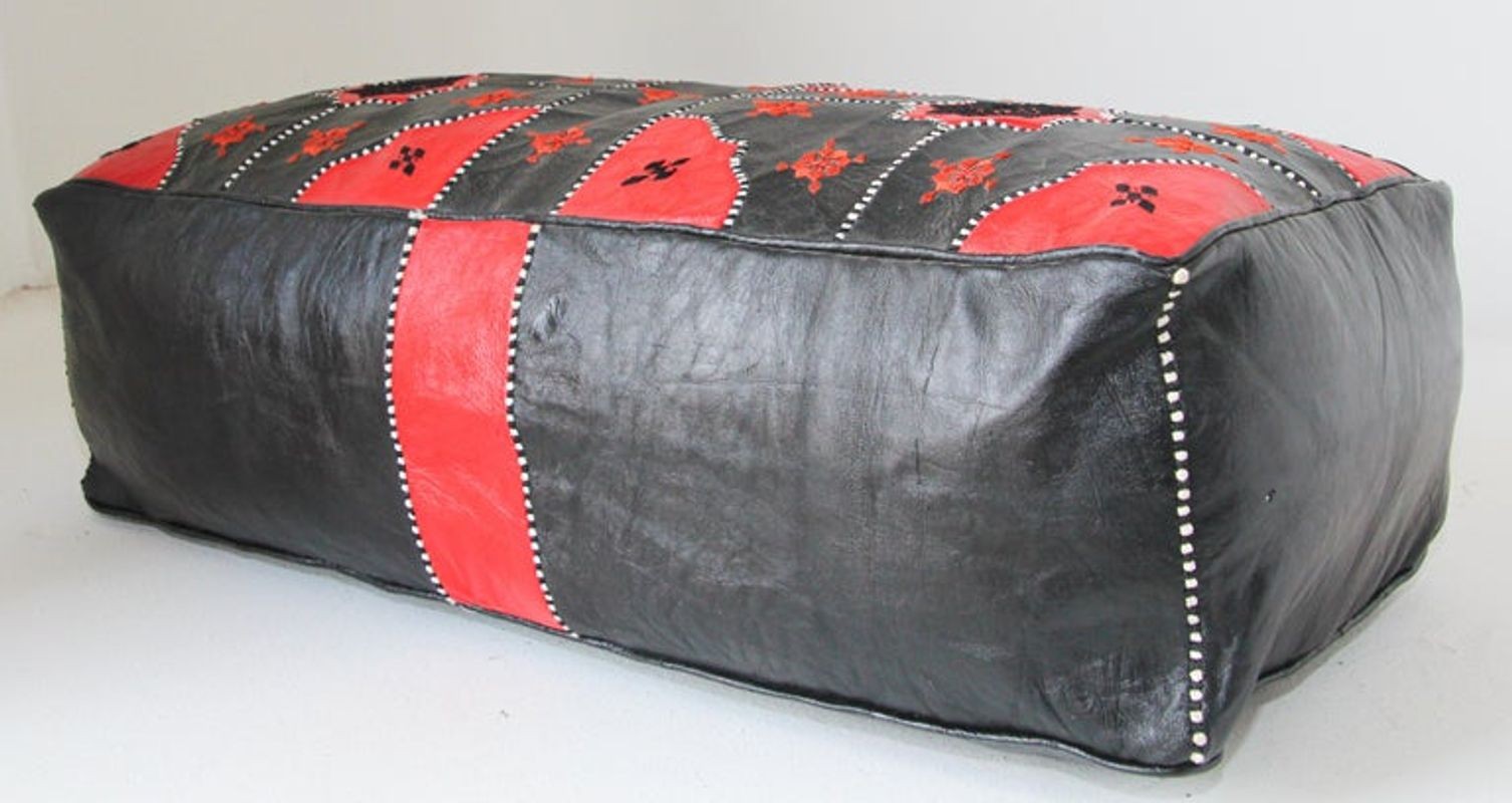 Vintage Moroccan Leather Rectangular Pouf in Red and Black