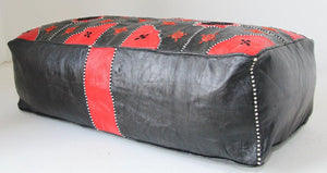 Vintage Moroccan Leather Rectangular Pouf in Red and Black