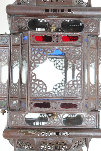 Vintage Moroccan Moorish Bronze Metal & Multicolor Glass Hanging Lantern