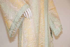Vintage Moroccan Kaftan, Gold and Sage Damask Embroidered, ca. 1970s