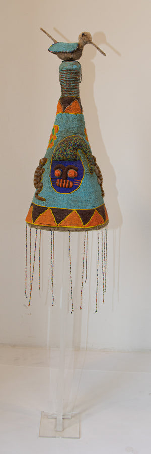 Yoruba Nigeria Royal African Beaded Headdress Crown on Lucite Stand