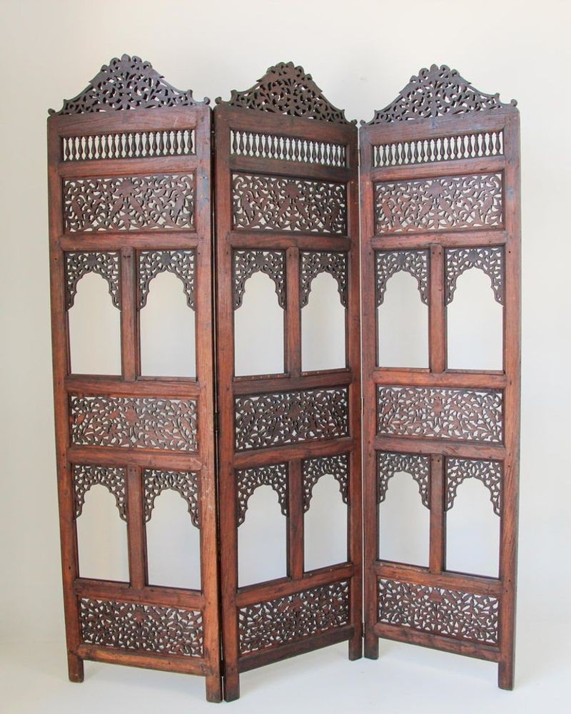 19th Century Anglo-Indian Mughal Carved Hardwood Three-Panel Screen, circa 1880