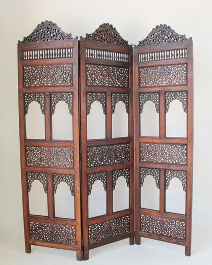 19th Century Anglo-Indian Mughal Carved Hardwood Three-Panel Screen, circa 1880