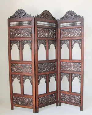 Anglo-Indian Mughal Hardwood Three-Panel Screen