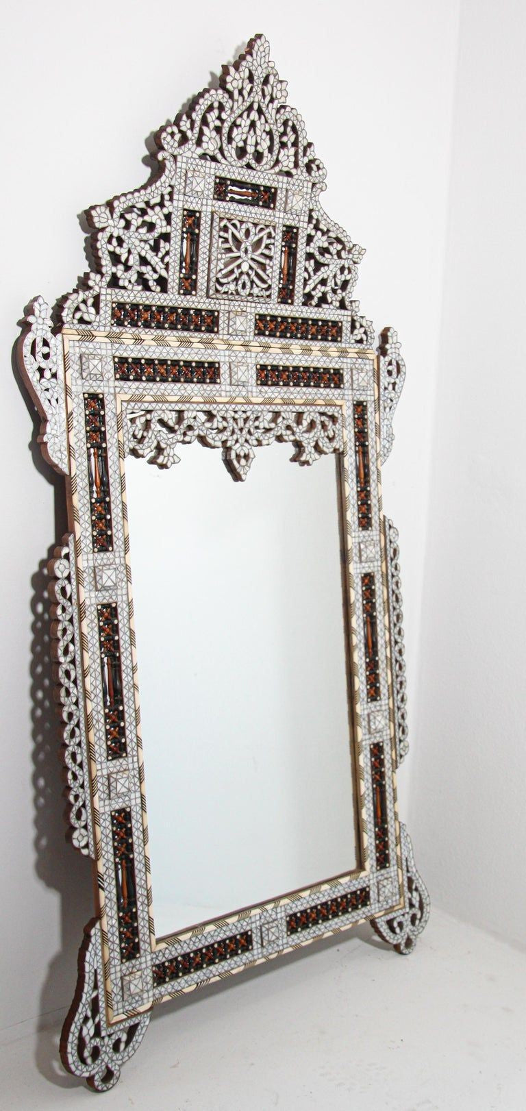 White Shell Inlaid Antique Middle Eastern Damascene Syrian Mirror 66"