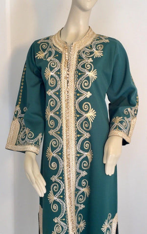 Vintage Moroccan Caftan Emerald Green Maxi Dress, circa 1970 Size M