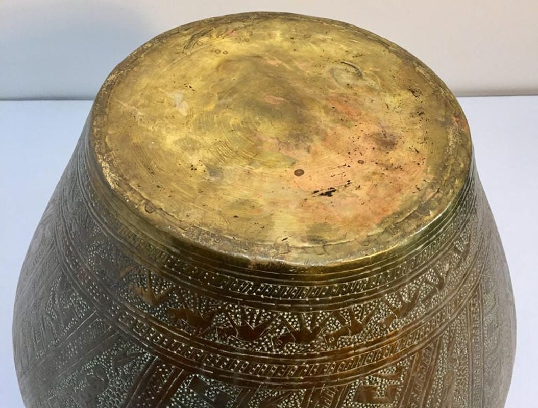 Middle Eastern Egyptian Hebraique Revival Hand Etched Brass Pot Jardiniere
