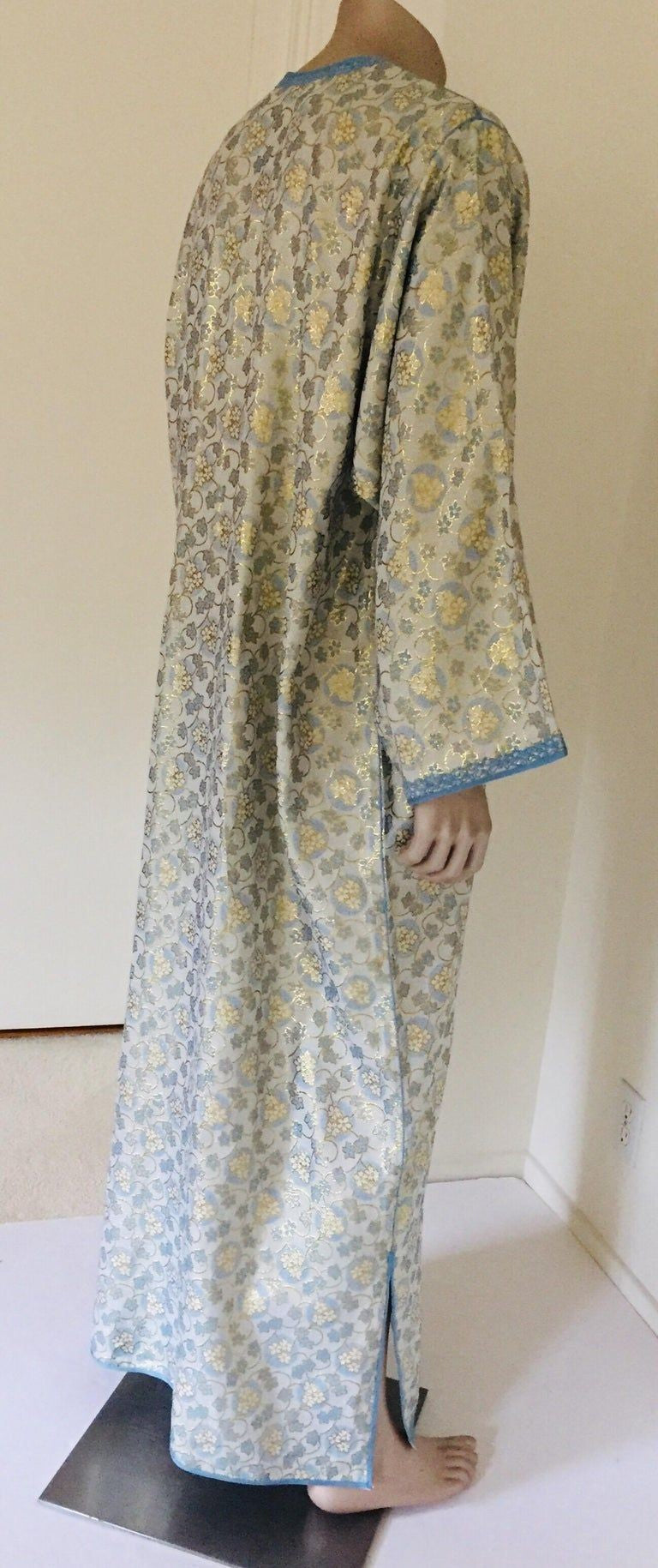 Metallic Blue and Silver Brocade 1970s Maxi Dress Caftan, Evening Gown Kaftan