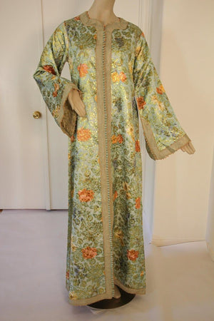 Moroccan Caftan Lime Green and Gold Metallic Floral Brocade