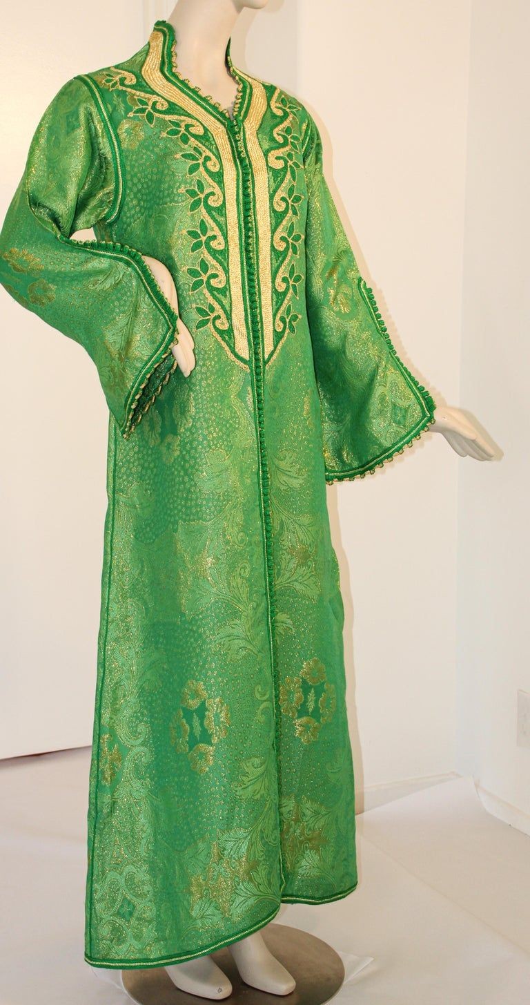 Elegant Moroccan Caftan Emerald Green and Gold Metallic Brocade