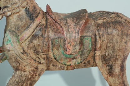 Pair of Monumental Indian Polychrome Carved Wood Horses on Wheels, 19th C.