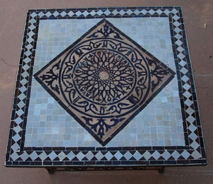 Moroccan Mosaic Tile Side table on Iron Base, Brown and White