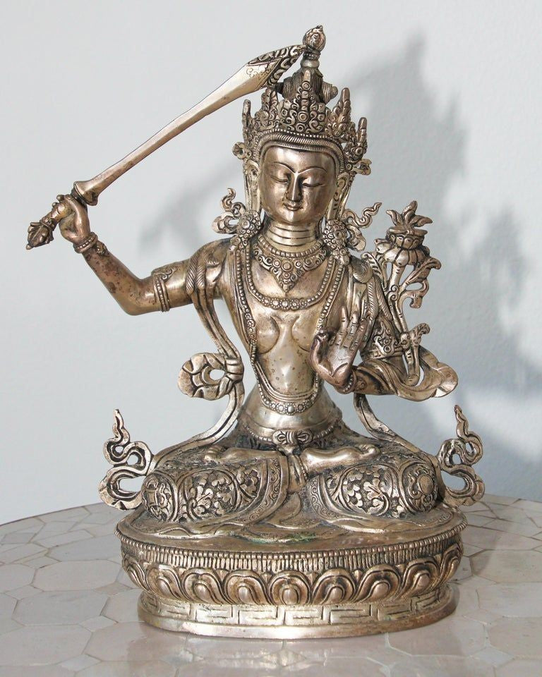 Silvered Metal Manjushri, Sino, Tibetan Buddhist Deity