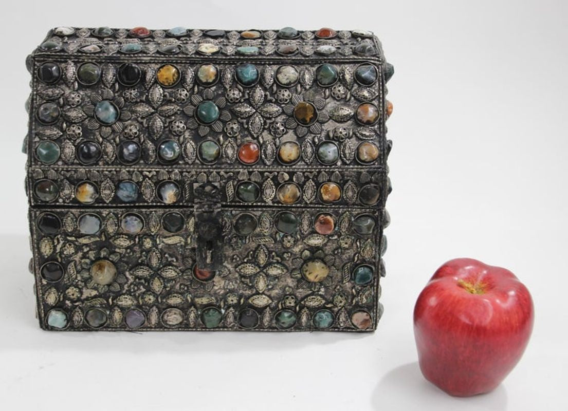 Large Moroccan Wedding Silvered Jewelry Box Inlaid with Semi-Precious Stones