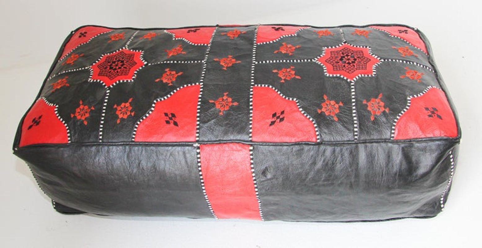 Vintage Moroccan Leather Rectangular Pouf in Red and Black