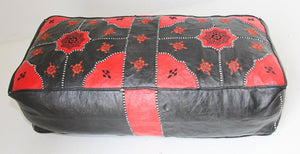 Vintage Moroccan Leather Rectangular Pouf in Red and Black