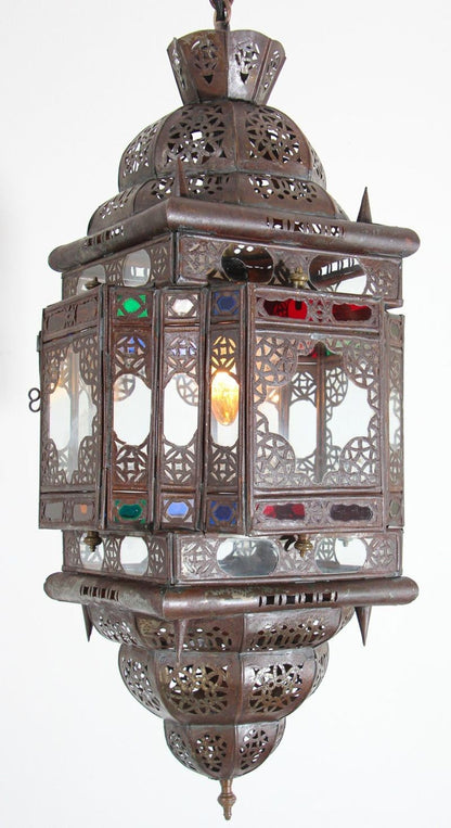 Vintage Moroccan Moorish Bronze Metal & Multicolor Glass Hanging Lantern