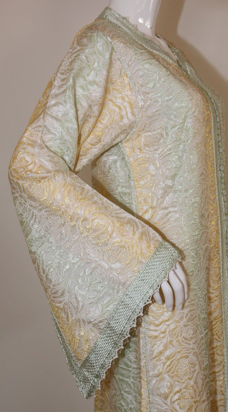 Vintage Moroccan Kaftan, Gold and Sage Damask Embroidered, ca. 1970s