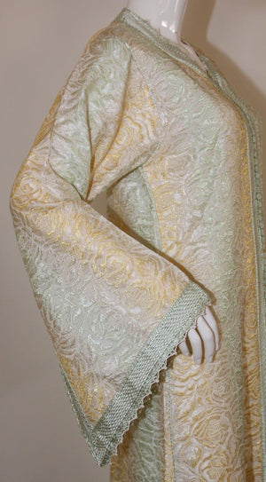 Vintage Moroccan Kaftan, Gold and Sage Damask Embroidered, ca. 1970s
