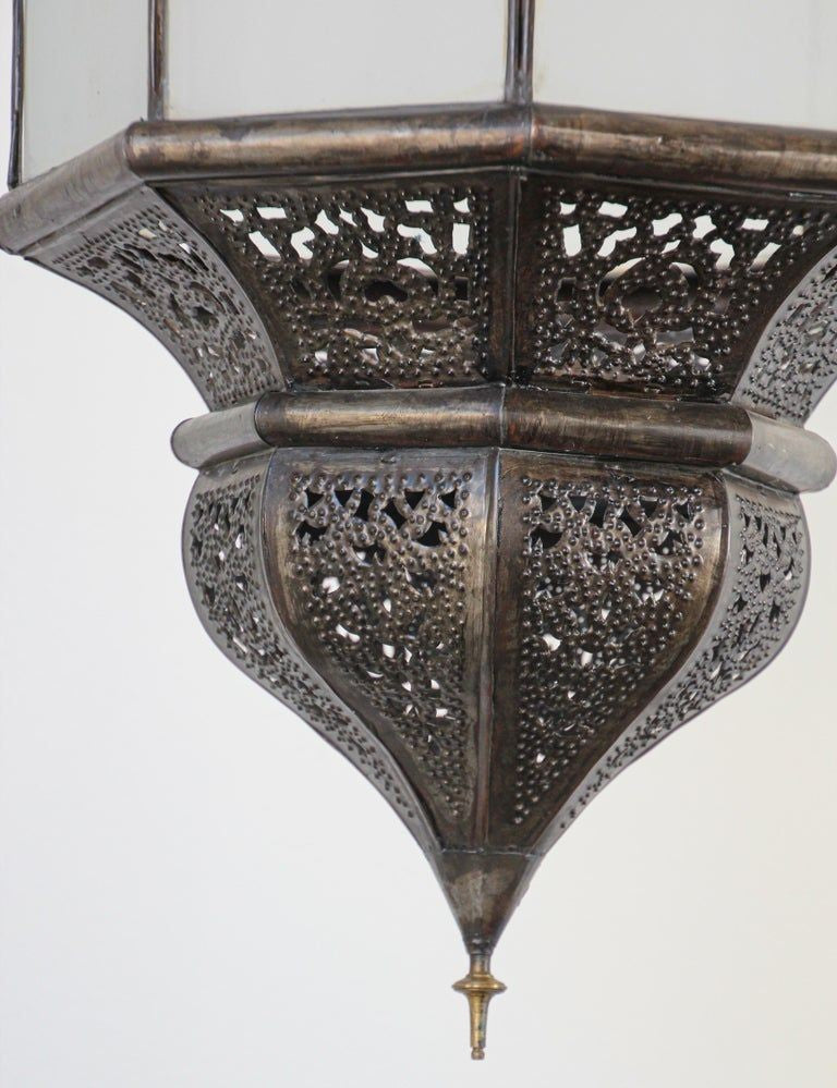 Moroccan Moorish Hanging Metal Lantern with Milky Glass