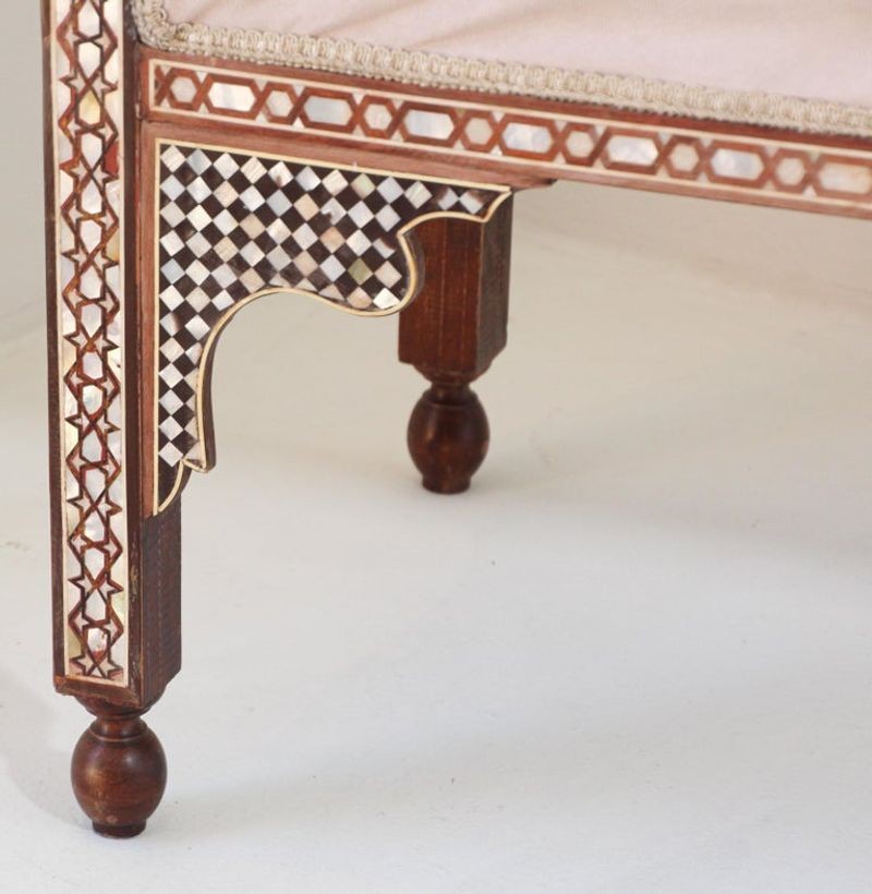 Antique Moroccan Benches with Mosaic White Shell Inlay a Pair