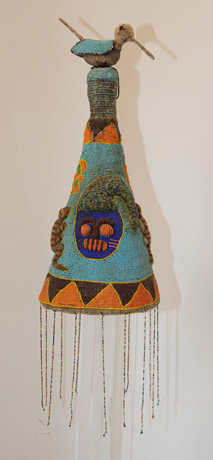 Yoruba Nigeria Royal African Beaded Headdress Crown on Lucite Stand