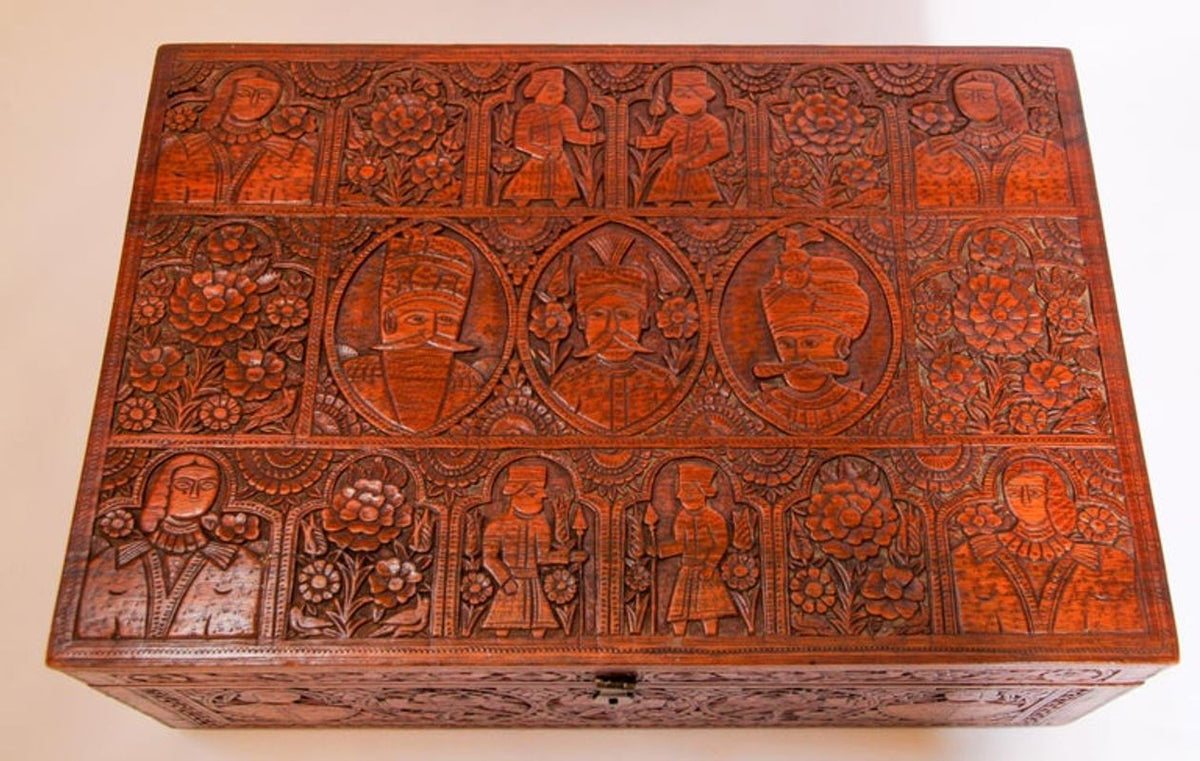 Large Early 19th Century Antique Hand Carved Wooden Mughal Decorative Box