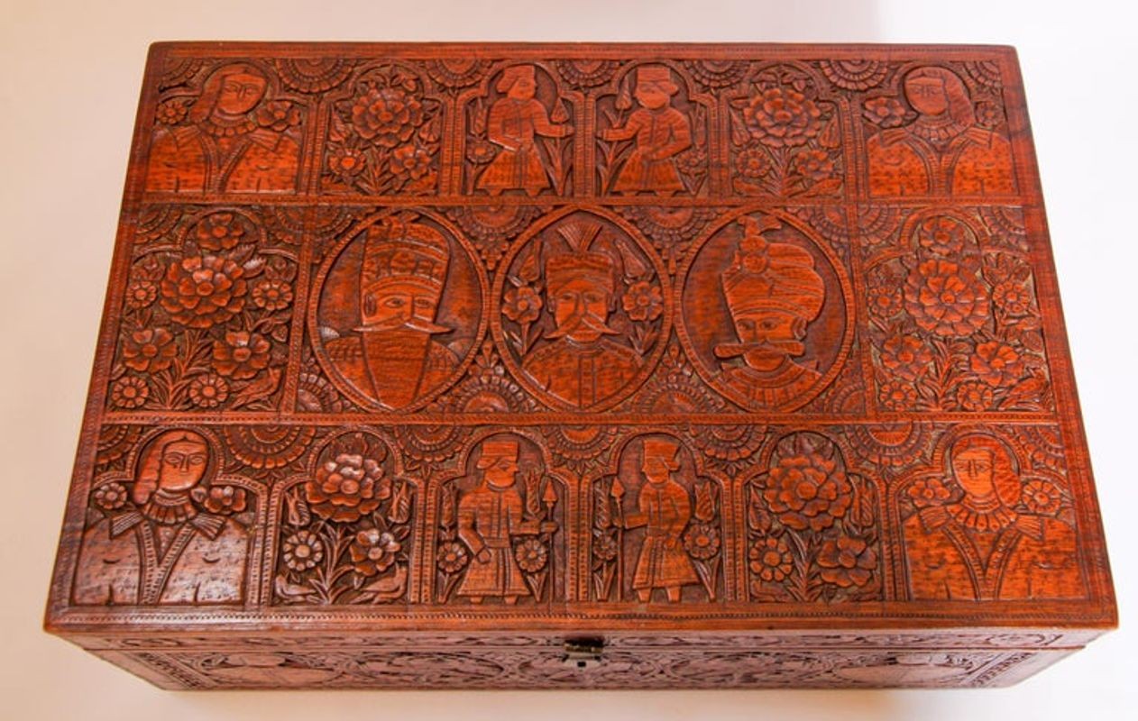 Large Early 19th Century Antique Hand Carved Wooden Mughal Decorative Box