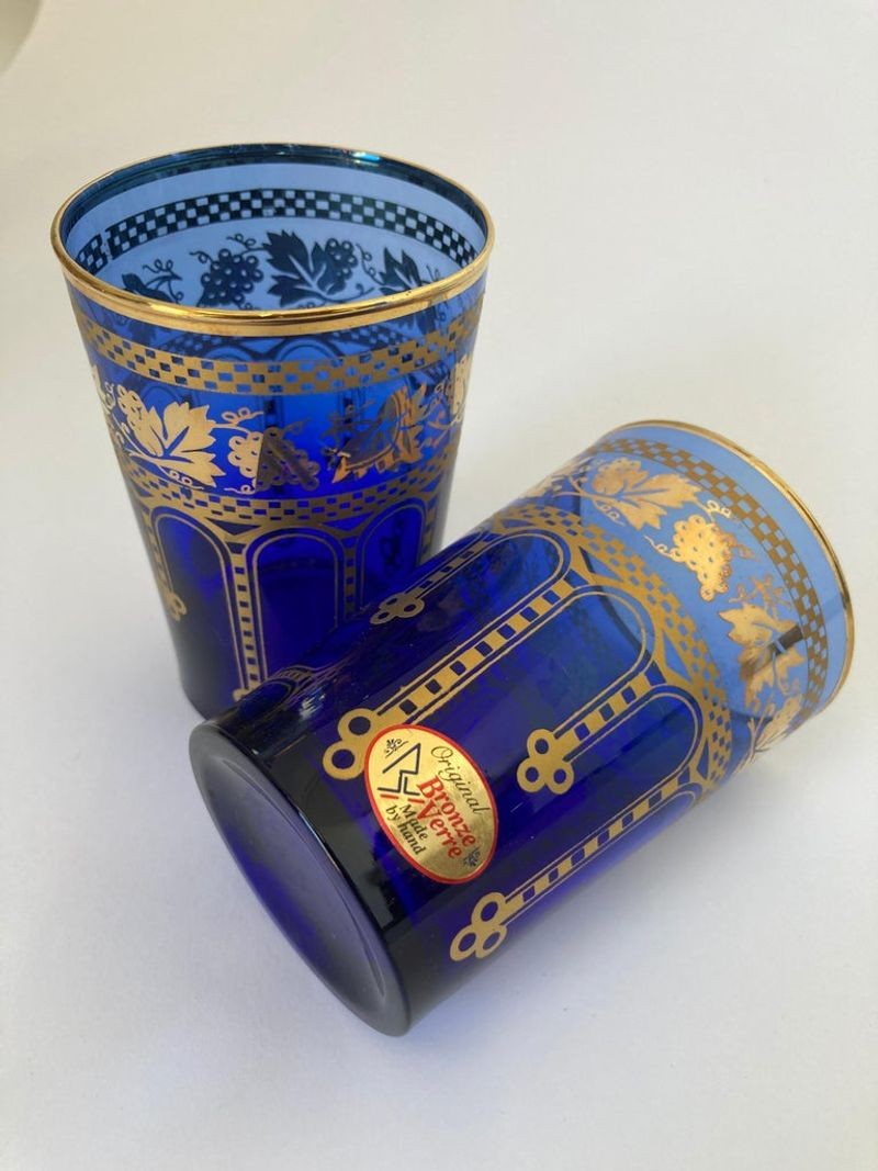 Moorish Blue and Gold Crystal Barware Italian Drinking Glasses Set of 4