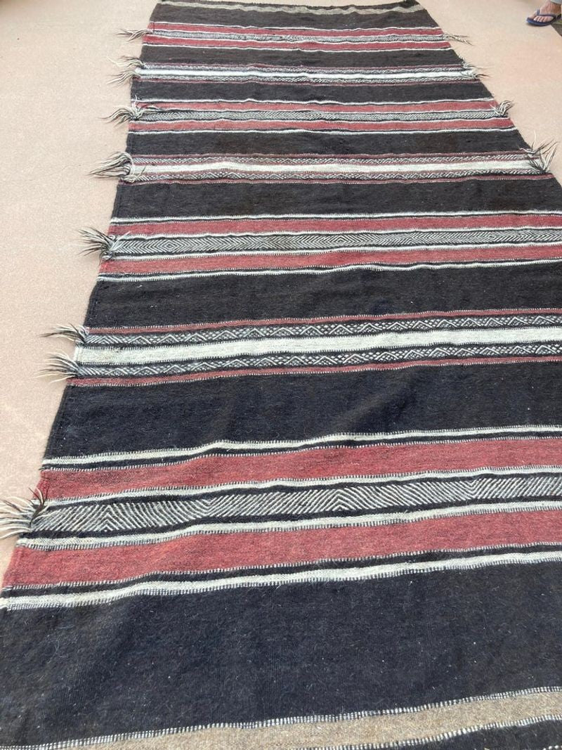 Moroccan Vintage Flat-Weave Black Camel Hair Tribal Rug