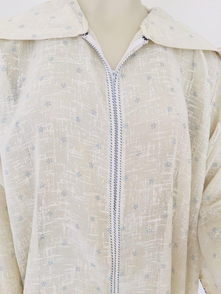 1970 Moroccan Hooded Caftan White and Blue Linen Djellabah Kaftan