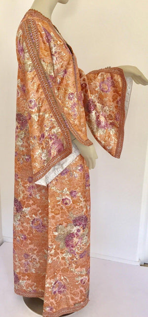 Moroccan Kaftan Orange and Purple Floral with Gold Embroidered Maxi Dress Caftan